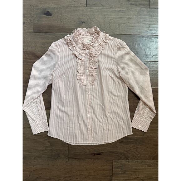 J.Crew Tops - J.Crew Womens Tan White Striped Ruffle Tuxedo Bib Cotton Blouse Shirt‎ Size 12